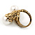Vintage Inspired 12mm White Simulated Glass Pearl Floral Ring In Antique Gold Tone - Size 7 - view 7