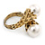 Vintage Inspired 12mm White Simulated Glass Pearl Floral Ring In Antique Gold Tone - Size 7 - view 3