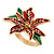 Christmas Dark Red/ Green Enamel Poinsettia Holiday Ring In Gold Plating - 30mm Across - Size 7/8 - view 3
