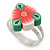 Children's/ Teen's / Kid's Pink, Green Fimo Flower Ring In Silver Tone - Adjustable