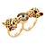 Brown Enamel, Crystal Two Head Jaguar Double Finger Ring In Gold Plated Metal - (Size 7/8) - 45mm Width - view 3