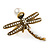 Large Vintage Inspired Crystal Dragonfly with Pearl Bead Ring In Antique Gold Tone Metal - 55mm - Size 8 - view 6