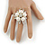 Diamante Simulated Pearl Daisy Cocktail Ring In Rhodium Plated Metal - 45mm D - 7/8 Size Adjustable - view 2