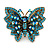 Large Teal/ Light Blue Crystal Butterfly Ring In Gold Tone - Size 7/8 Adjustable