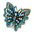 Large Teal/ Light Blue Crystal Butterfly Ring In Gold Tone - Size 7/8 Adjustable - view 4