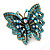 Large Teal/ Light Blue Crystal Butterfly Ring In Gold Tone - Size 7/8 Adjustable - view 6
