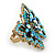 Large Teal/ Light Blue Crystal Butterfly Ring In Gold Tone - Size 7/8 Adjustable - view 5