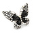 Large Clear Crystal, Black Acrylic Bead Butterfly Ring In Aged Silver Tone Metal - 70mm L - 8 Size Adjustable - view 4