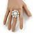 Clear Crystal Simulated Pearl Bead Flower Ring In Rhodium Plated Metal - 30mm D - 7/8 Size Adjustable - view 2