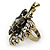 Large Clear Crystal, Black Acrylic Bead Butterfly Ring In Antique Gold Tone Metal - 55mm - Size 8 - view 4