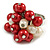 Red/ Cream Faux Pearl Bead Cluster Ring in Silver Tone Metal - Adjustable 7/8