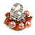 Shell Nugget and Faux Pearl Cluster Bead Silver Tone Ring in Orange - 7/8 Size - Adjustable - view 4