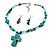 Turquoise Bead Cross Necklace And Drop Earrings Set (Silver Tone) - view 7