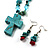 Turquoise Bead Cross Necklace And Drop Earrings Set (Silver Tone) - view 2