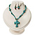 Turquoise Bead Cross Necklace And Drop Earrings Set (Silver Tone) - view 3