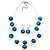 3 Strand Teal Blue Glass Bead  Wire Necklace And Drop Earring Set (Silver Tone)