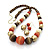 Multicoloured Wooden Necklace And Earrings Set (Brown, Gold, Coral & White) - 62cm Length