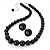 Jet Black Acrylic Bead Necklace And Stud Earring Set (Silver Tone)