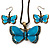 Light Blue Enamel Butterfly Necklace & Drop Earrings Set (Bronze Tone)