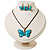 Light Blue Enamel Butterfly Necklace & Drop Earrings Set (Bronze Tone) - view 2