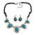 Turquoise Bead Black Cotton Cord Necklace & Drop Earring Set (Burn Silver Finish) - 42cm Length