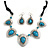 Turquoise Bead Black Cotton Cord Necklace & Drop Earring Set (Burn Silver Finish) - 42cm Length - view 2