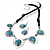 Turquoise Bead Black Cotton Cord Necklace & Drop Earring Set (Burn Silver Finish) - 42cm Length - view 7