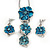 'Triple Flower' Teal Enamel Diamante Necklace & Drop Earrings Set In Rhodium Plated Metal - 38cm Length (6cm extender) - view 2