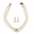 3-Strand Simulated Glass Pearl Necklace & Drop Earrings Set In Silver Plated Metal - 45cm L