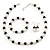 White Imitation Pearl & Black Glass Bead With Diamante Ring Necklace, Bracelet & Earrings Set (Silver Tone Metal)