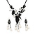 Black Mesh Floral Faux Pearl Necklace & Drop Earrings Set - view 2