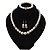 White Simulated Glass Pearl Necklace, Flex Bracelet & Drop Earrings Set With Diamante Rings - 38cm Length - view 14