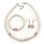 White Simulated Glass Pearl Necklace, Flex Bracelet & Drop Earrings Set With Diamante Rings & Pink Beads - 38cm Length