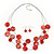 3 Strand Red Shell & Bead Wire Necklace & Drop Earrings Set In Silver Plating - view 3