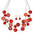 3 Strand Red Shell & Bead Wire Necklace & Drop Earrings Set In Silver Plating
