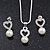Delicate Faux Pearl Diamante 'Heart' Pendant Necklace & Stud Earrings Set In Silver Plating