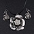 Vintage Diamante Floral Leather Cord Pendant & Drop Earrings Set In Antique Silver Metal - 42cm Length - view 4