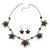 Burn Silver Textured 'Flower' Necklace & Drop Earrings Set With Red Crystals - 40cm Length / 6cm Extension - view 3