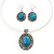 Turquoise Oval Medallion Flex Wire Necklace & Earrings Set In Silver Plating - Adjustable - view 2