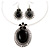 Large Black Oval Medallion Flex Wire Necklace & Earrings Set In Silver Plating - Adjustable