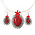 Large Coral Red Oval Medallion Flex Wire Necklace & Earrings Set In Silver Plating - Adjustable - view 2