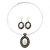 White Oval Medallion Flex Wire Necklace & Earrings Set In Silver Plating - Adjustable - view 3
