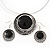 Black Enamel Medallion Flex Wire Necklace & Earrings Set In Silver Plating - Adjustable - view 4
