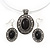 Black Oval Medallion Flex Wire Necklace & Earrings Set In Silver Plating - Adjustable - view 3