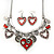 Burn Silver Hammered Charm ' Red Heart' Necklace & Drop Earrings Set - 38cm Length/6cm Extension