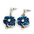 'Triple Flower' Teal Blue Enamel Diamante Necklace & Drop Earrings Set In Rhodium Plated Metal - 38cm Length (6cm extender) - view 3