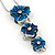 'Triple Flower' Teal Blue Enamel Diamante Necklace & Drop Earrings Set In Rhodium Plated Metal - 38cm Length (6cm extender) - view 4