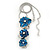 'Triple Flower' Teal Blue Enamel Diamante Necklace & Drop Earrings Set In Rhodium Plated Metal - 38cm Length (6cm extender) - view 5