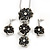 'Triple Flower' Dark Grey Enamel Diamante Necklace & Drop Earrings Set In Rhodium Plated Metal - 38cm Length (6cm extender)