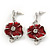 'Triple Flower' Red Enamel Diamante Necklace & Drop Earrings Set In Rhodium Plated Metal - 38cm Length (6cm extender) - view 3